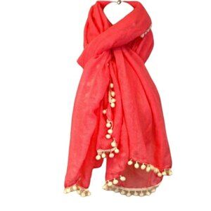Hot Pink Sheer Scarf Boho White PomPom Baubles Large Long Scarf